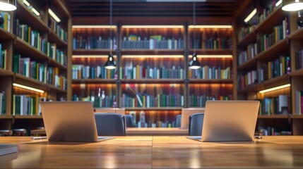 Photo of bookshelves and laptop placed on library table E-learning and digital technology classes e-book