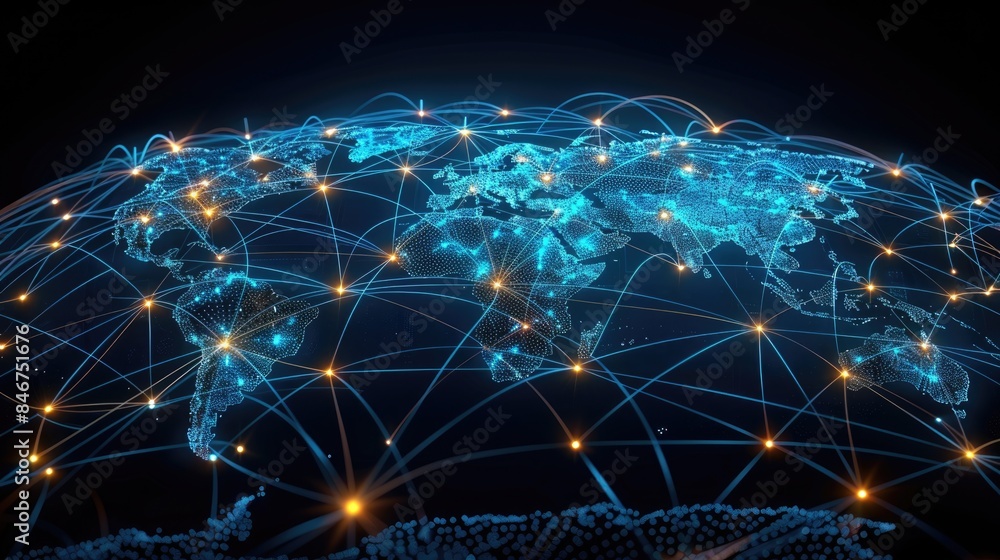 Wall mural Blue glowing plexus world map with glowing dots representing major cities connected with lines.