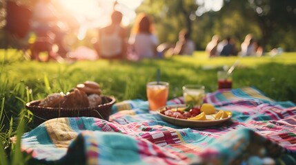 Blissful Summer Picnic in Idyllic Meadow with Warm Sunlight and Colorful Blanket