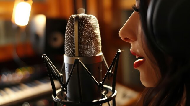 Close-up of female vocalist recording in professional studio, capturing the essence of music production with high-quality equipment.