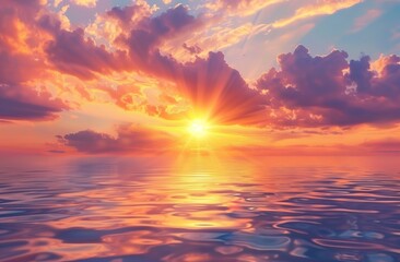 Fototapeta premium A beautiful sunset over the ocean with colorful clouds in the sky and the sun reflecting on the water surface