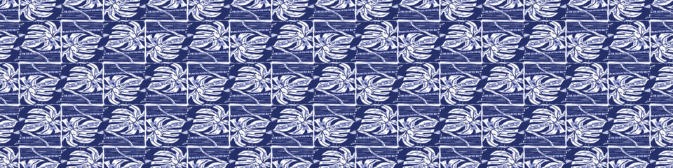 Indigo blue Japanese block print effect bordur. Seamless hand made vector design for fabric batik ribbon and faded fashion repeat banner. 
