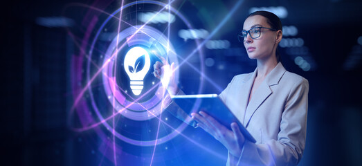 Green renewable energy ecology concept. Woman pressing virtual screen button.