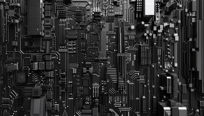 Abstract circuit board style line minimalist design in black and white, cyberpunk