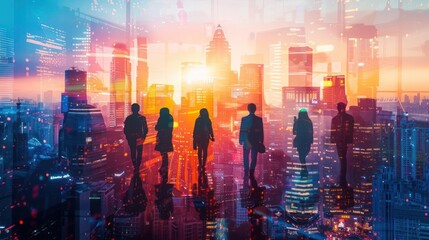 Obraz premium Silhouettes of people against a vibrant cityscape backdrop at sunset, depicting modern urban life and business concepts.