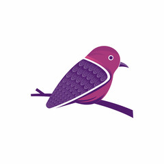 A purple bird sits on a branch: logo design vector image illustration.