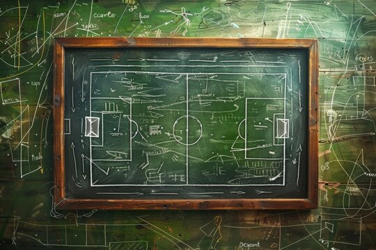 A chalkboard with a sports field on it is shown up close.