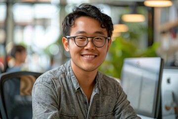 A middle-aged man in the office, smiling at the camera