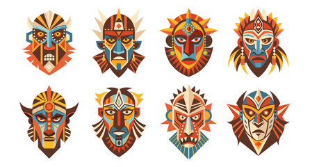 Fototapeta premium Tribal Ethnic african mask set. Tribal ritual symbols. African masks, totems, amulets. Illustration