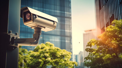 CCTV security camera in a city with business building on background