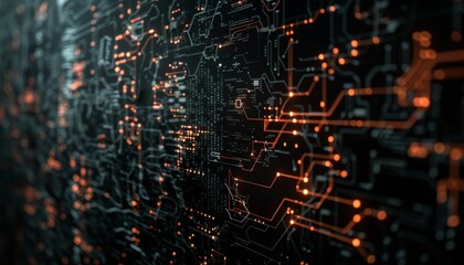 abstract technology graphic using binary code, flowcharts, hexagonal line and other technology elements over a black color background