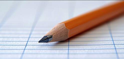 Close-up of a sharpened pencil lying on graph paper, highlighting its point and the texture of the paper.
