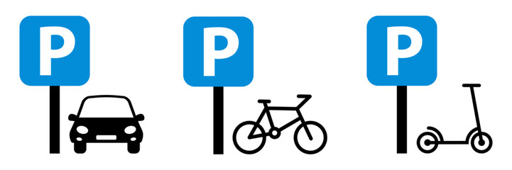  Parking icon set.Car ,bicycle and scooter parking sign  .Location parking sign for car,bicycle,scooter.Vector