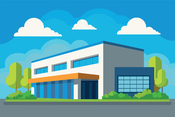 Naklejka premium a modern building that is possibly an office or educational institution. The building has large glass windows and an asymmetrical design with varying heights and rectangular shapes.