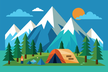 landscape in the style of flat design. You can see snowy mountains in the background, with the sun partially visible in the upper left corner. In the foreground is a camp landscape: tent tent