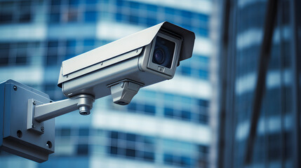 CCTV security camera in a city with business building on background
