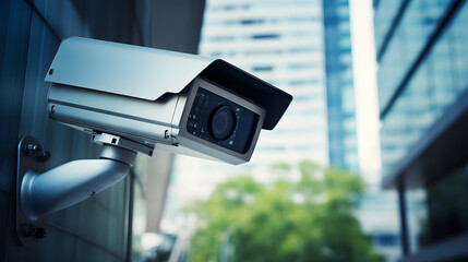 CCTV security camera in a city with business building on background