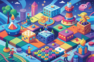 A board game theme with a futuristic cityscape. It depicts various buildings resembling game pieces. The field has several paths with colorful tiles and patterns.