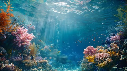 Fototapeta premium Beautiful underwater scenery with various types of fish and coral reefs Generative AI