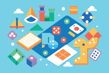 various board games and gaming elements. In the center of the image is a smartphone with game icons on its screen, which hints at mobile gaming.