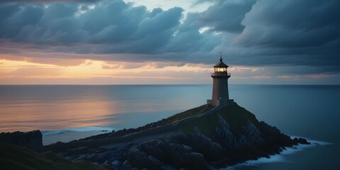 A seaside tower standing on a rocky cliff against a dramatic cloudy sky at sunset - Powered by Adobe