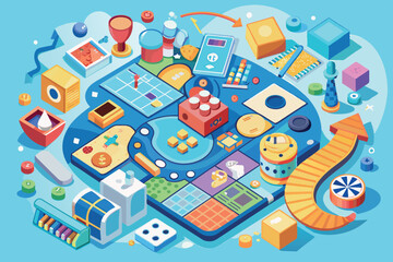 Fototapeta premium various board games and gaming elements. In the center of the image is a smartphone with game icons on its screen, which hints at mobile gaming.