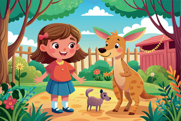 Fototapeta premium a young girl, a deer and a small dog. They are all on a garden or park-like street, with greenery, trees, flowers and a visible wooden fence in the background.