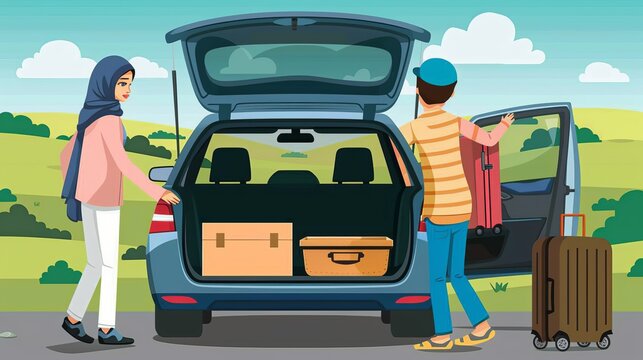 A Muslim family moves a suitcase and cardboard box into the trunk of a car to go on vacation. Mudik lebaran at Eid.