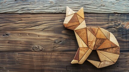 Cat shaped tangram puzzle on wooden background