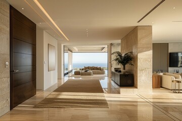 Obraz premium The contemporary design in the luxury entrance area casts a warm and inviting light throughout the home