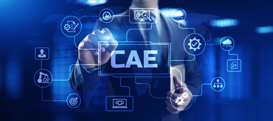 CAE Computer-aided engineering software system concept. Businessman pressing button on screen.