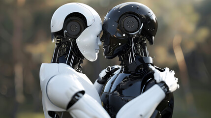 Fototapeta premium Together, a white ai robot facing a black ai robot, realistic, holding each other