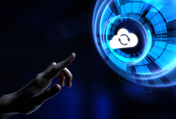 Cloud technology concept. Computing data storage. Software infrastructure. Hand pressing button.