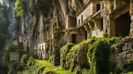 Monastic cells in cliffside monastery Residential area for text or designs