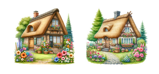 Naklejka premium set of Watercolor illustration clipart of a cute cottage with a thatched roof and flower garden isolated on transparent background