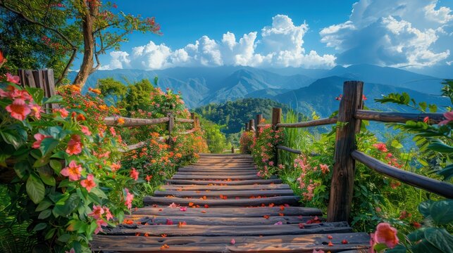 A wooden bridge with a beautiful garden on either side