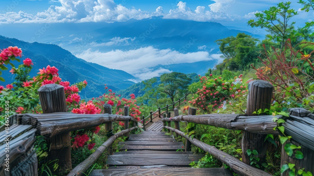 Aufkleber the bridge is surrounded by flowers and trees, creating a serene