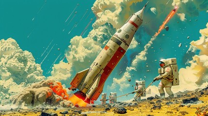Obraz premium A Detailed, Realistic Image of a Rocket Launch with Astronauts on Platform Against a Blue Sky with White Clouds, Capturing the Excitement and Intricacy of the Scene