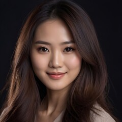 Obraz premium Pretty Asian beauty woman long hair with japanese makeup glowing face and healthy facial skin portrait smile on isolated black background