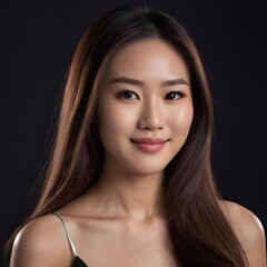 Obraz premium Pretty Asian beauty woman long hair with japanese makeup glowing face and healthy facial skin portrait smile on isolated black background