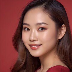 Fototapeta premium Pretty Asian beauty woman long hair with japanese makeup glowing face and healthy facial skin portrait smile on isolated red background