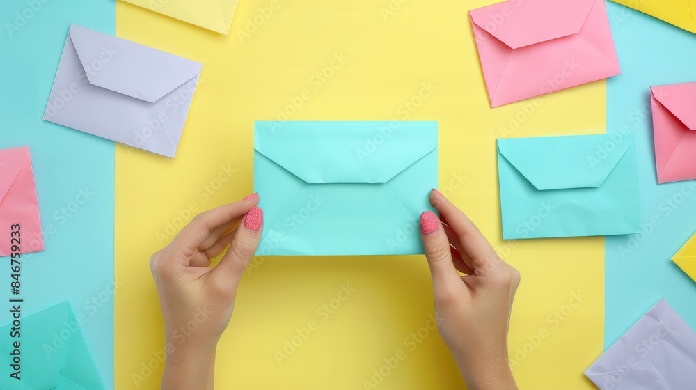 Poster assorted levitating colorful paper envelopes on gradient background with clean design aesthetic