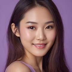 Obraz premium Pretty Asian beauty woman long hair with japanese makeup glowing face and healthy facial skin portrait smile on isolated light purple background