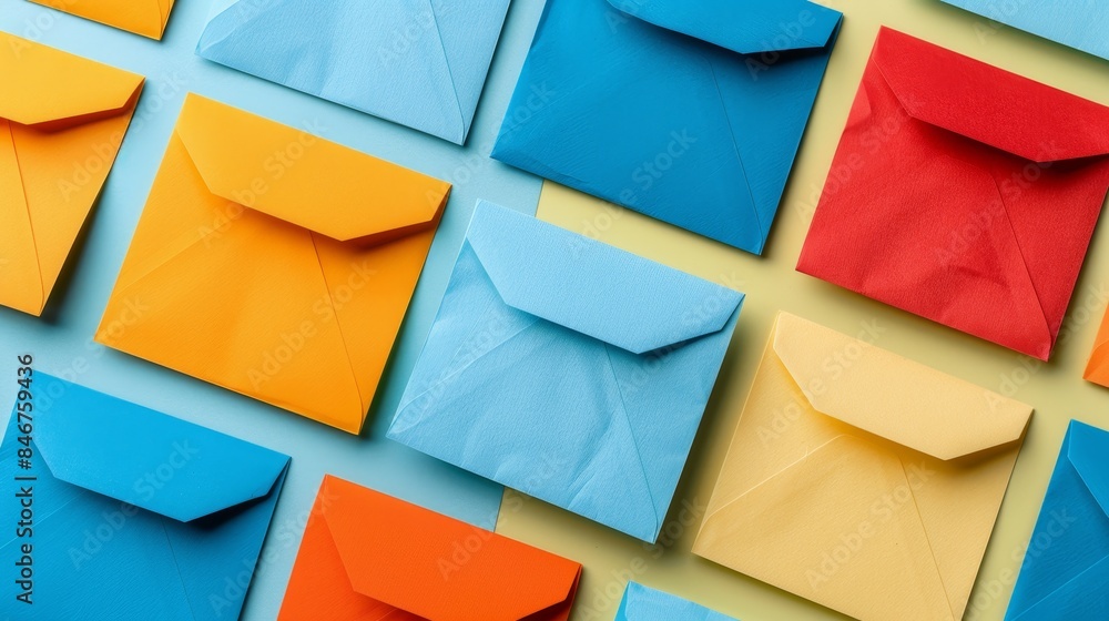Poster colorful paper envelopes in varied shapes float on gradient background, highlighting clean design