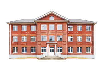 Front view of a large brick school building