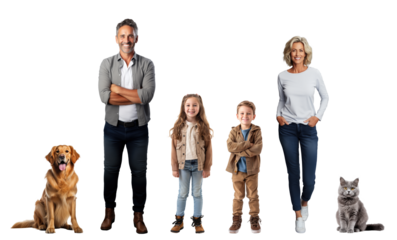 Happy family with children and pets on transparent background