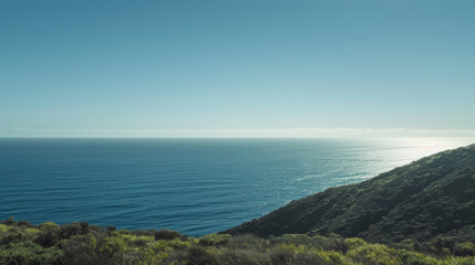 Clear horizon over ocean with lush green coastline