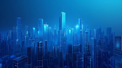 Modern Cityscape with Skyscrapers and Glass Buildings in Blue Shades Symbolizing Innovation and Technology. Representation of Digital Transformation in Real Estate
