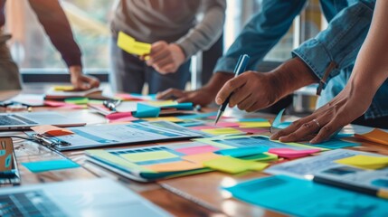 Team brainstorming with sticky notes