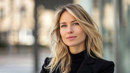 Confident blonde businesswoman in black attire outdoor portrait